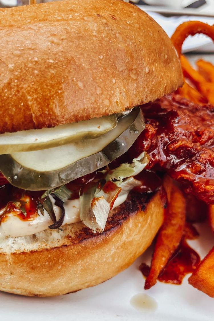 Chicken Burger with BBQ Sauce, Pickles and Sweet Potato Fries
