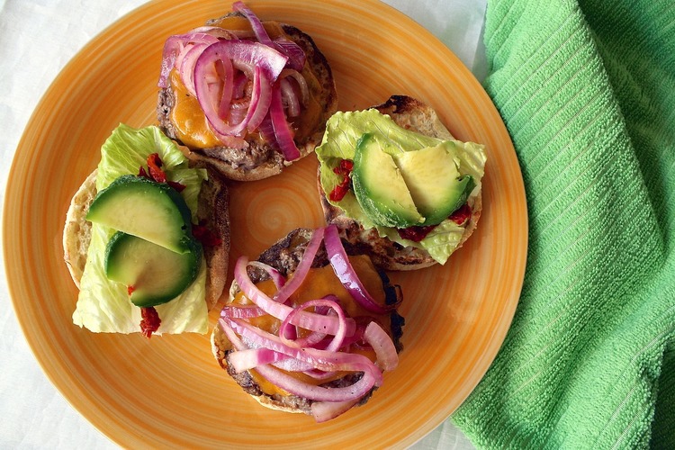 Burgers Recipe - Cheddar Cheese Burgers with Red Onions and Avocados