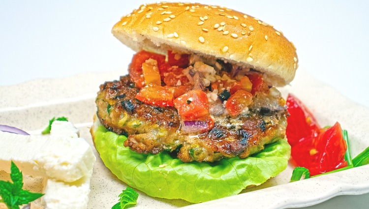 Burgers Recipe - Mediterranean Ground Chicken Burger with Feta, Black Olives and Tomatoes