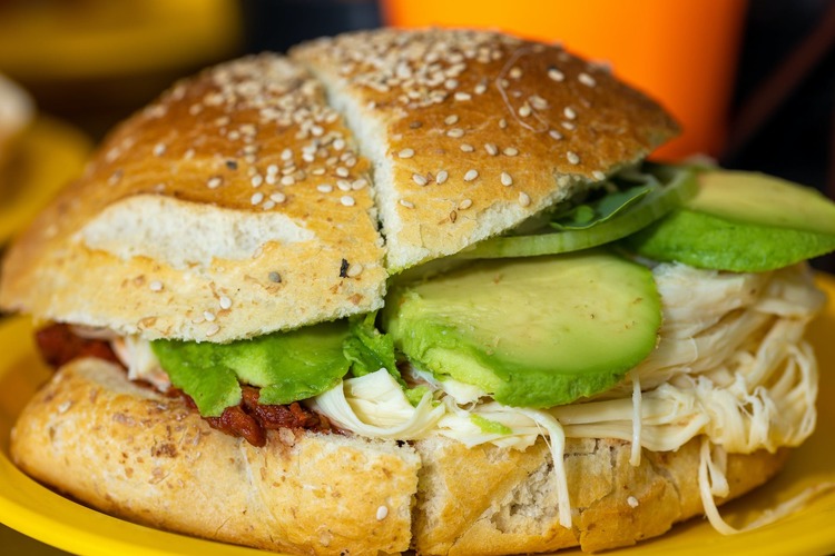 Shredded Chicken Burger with Bacon and Avocados